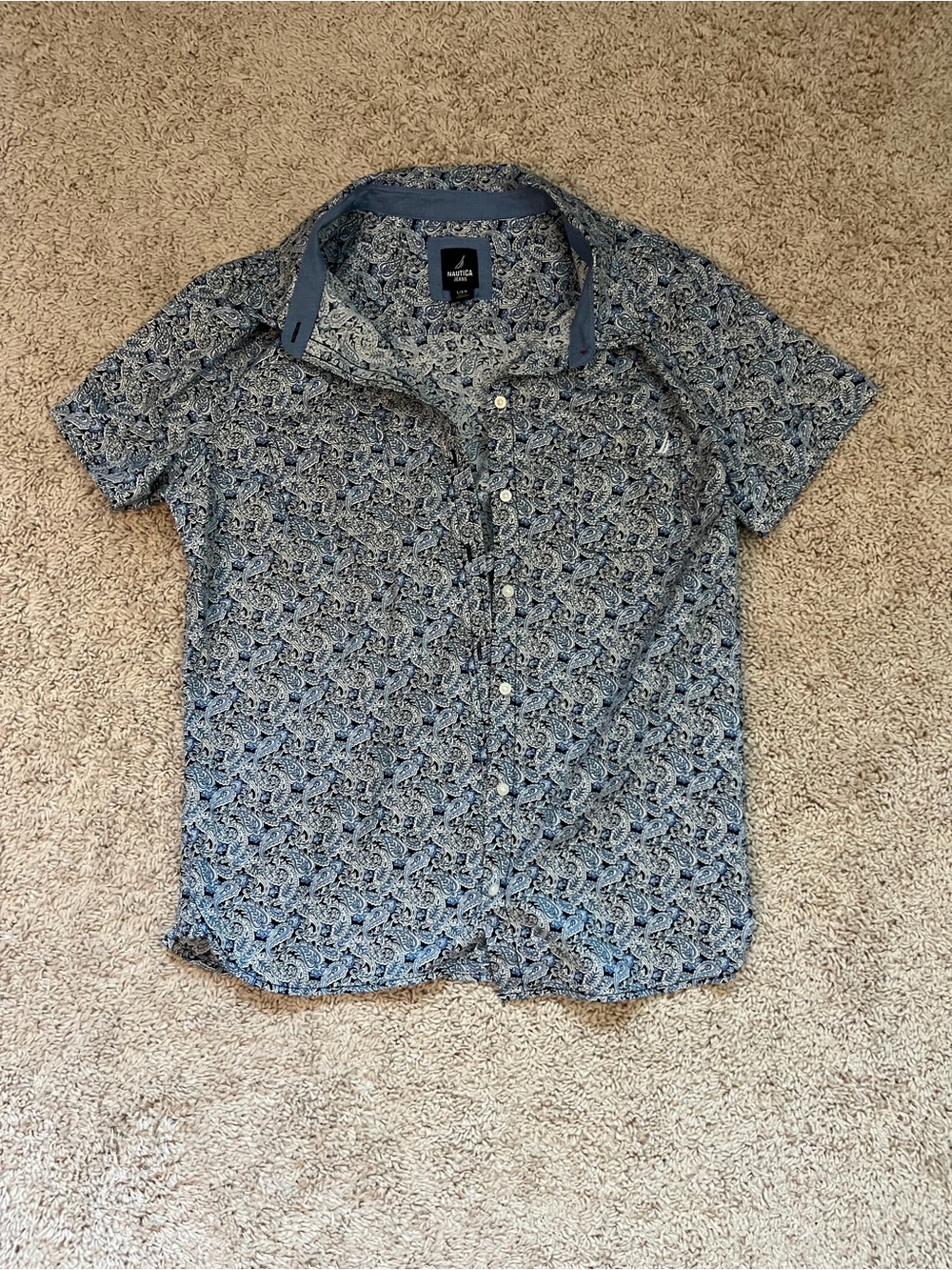 Nautica Navy and Light Blue Paisley Short Sleeve Button-Down Shirt